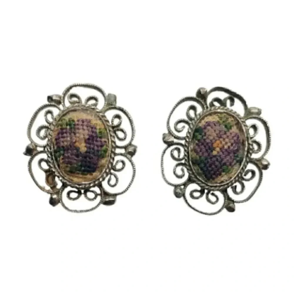 Vintage Petit Point Needlepoint Earrings Flowers Silver Filigree Violets Roses